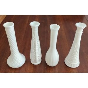 Set of 4 Vintage White Milk Glass Bud Vases Embossed Textured Floral Designs